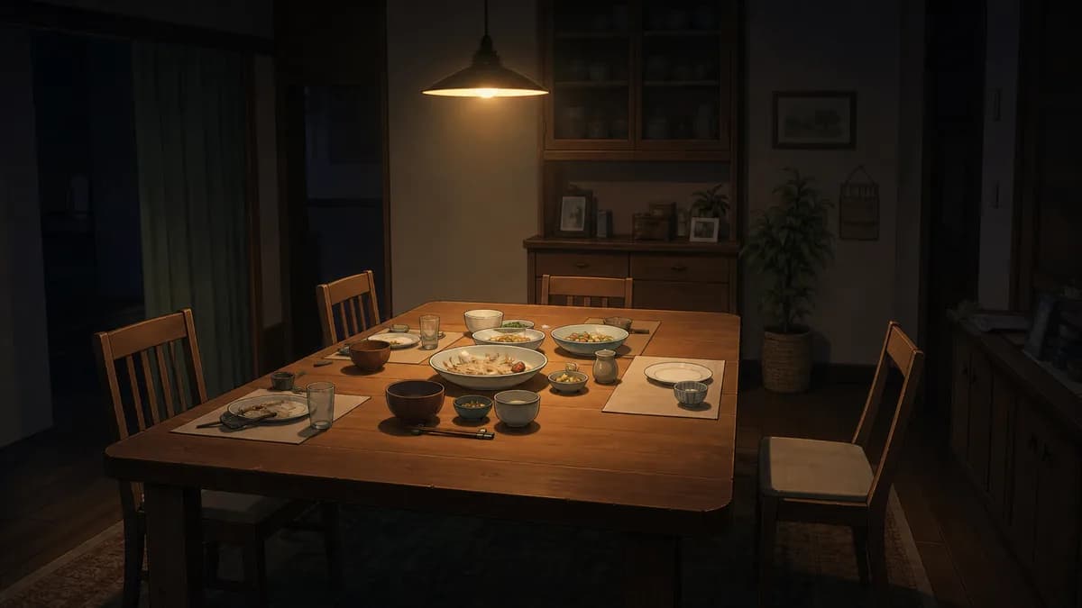 A family dinner table laid for four with one chair standing empty and pulled back.