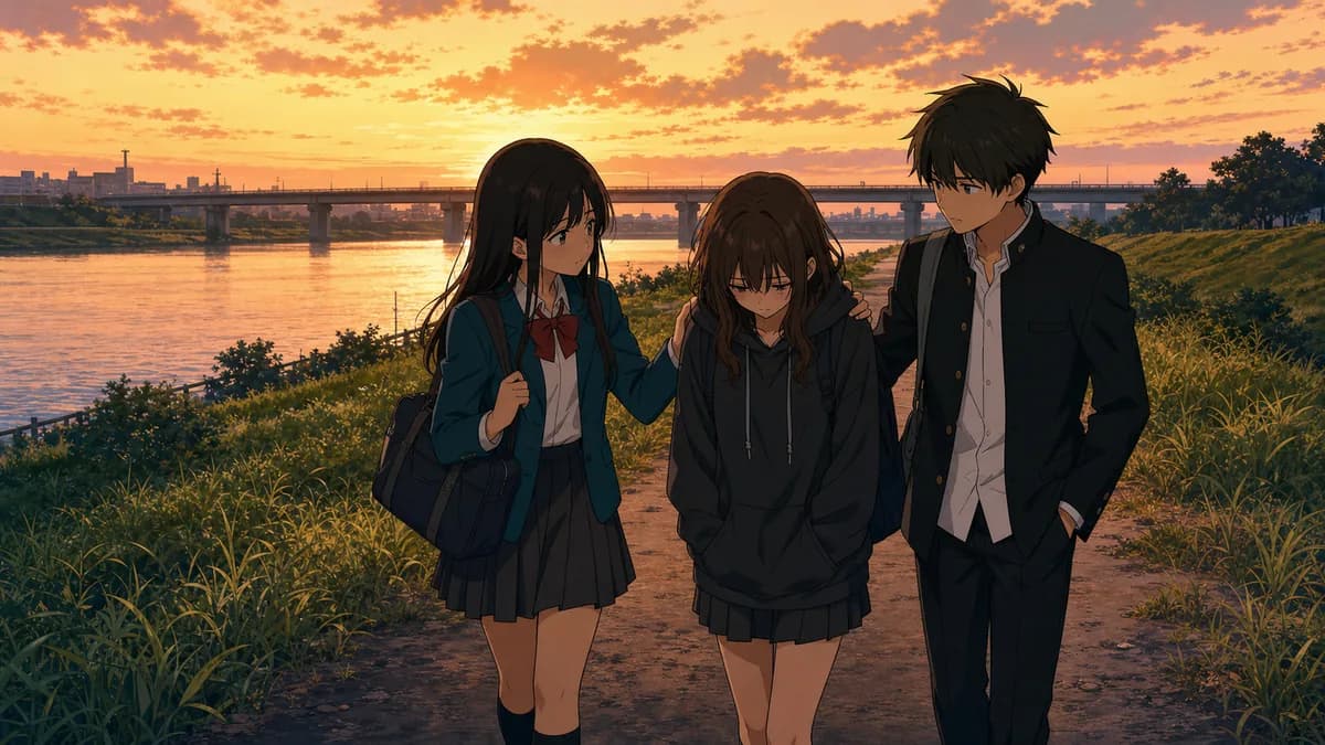 Three friends walking a riverbank at dusk, one of them held steady between the other two.