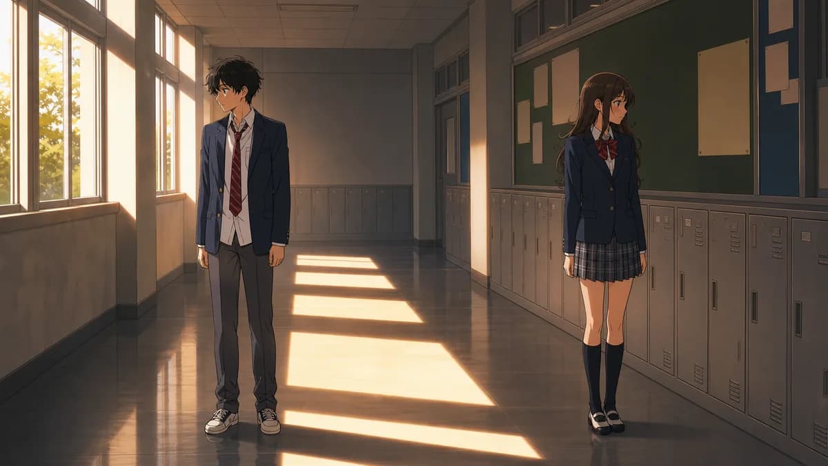 Two students frozen a step apart in an empty school corridor, neither one speaking.