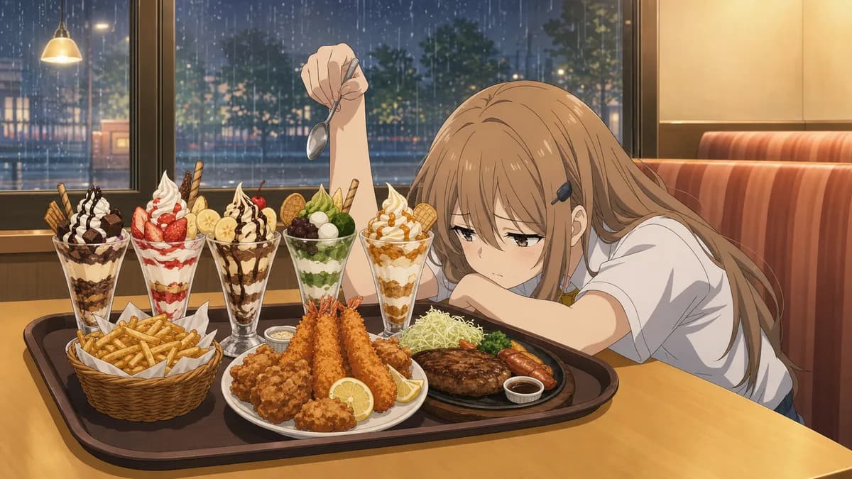 Anna Yanami slumped in a family restaurant booth behind an enormous tray of food.