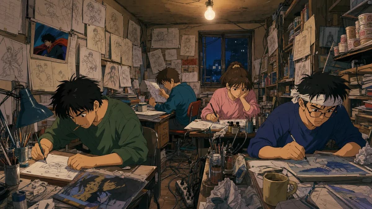A cramped amateur studio where young animators work surrounded by pinned-up drawings.