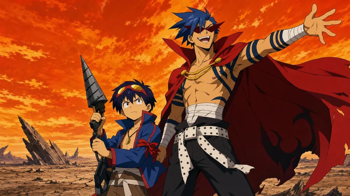 Simon and Kamina standing back to back with a drill raised against a blazing sky.