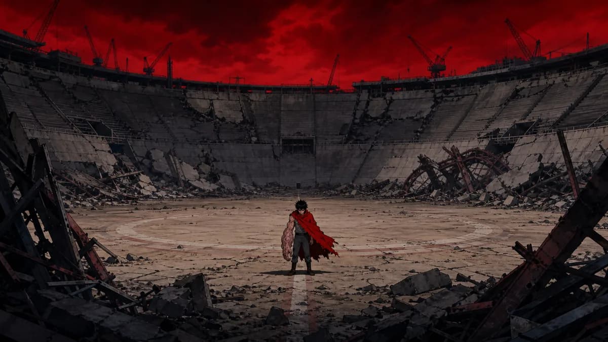 Tetsuo standing alone in the ruined bowl of the Neo-Tokyo stadium under a red sky.
