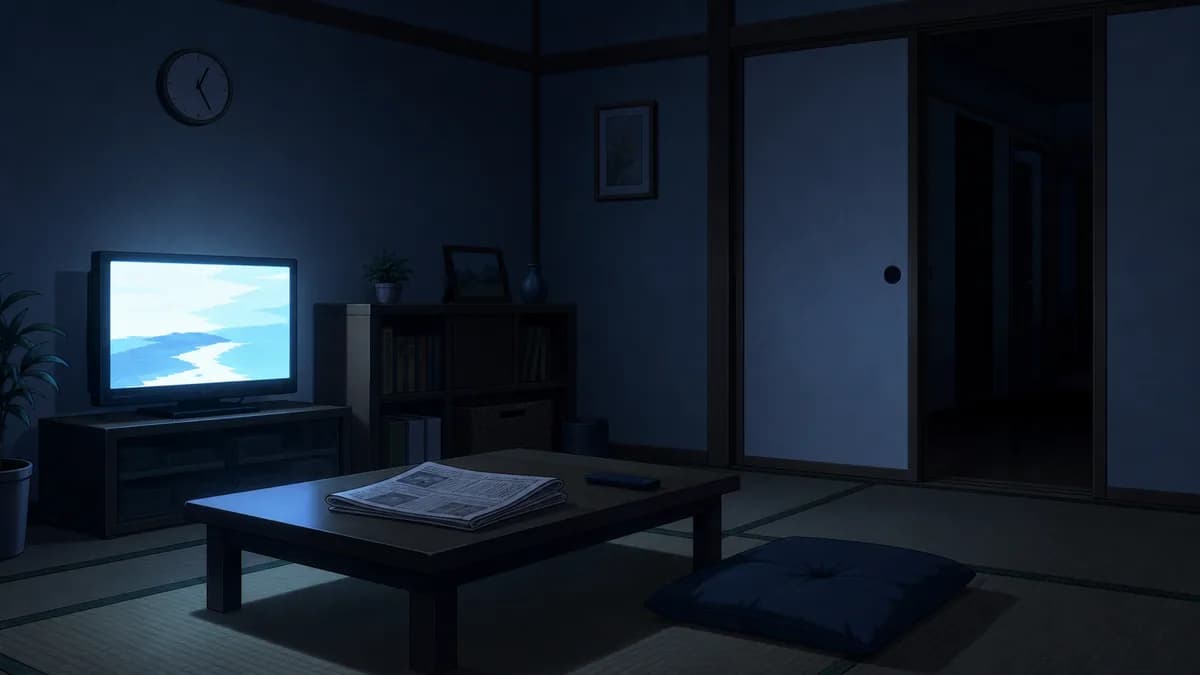 A television playing to an empty living room late at night, the clock past one.
