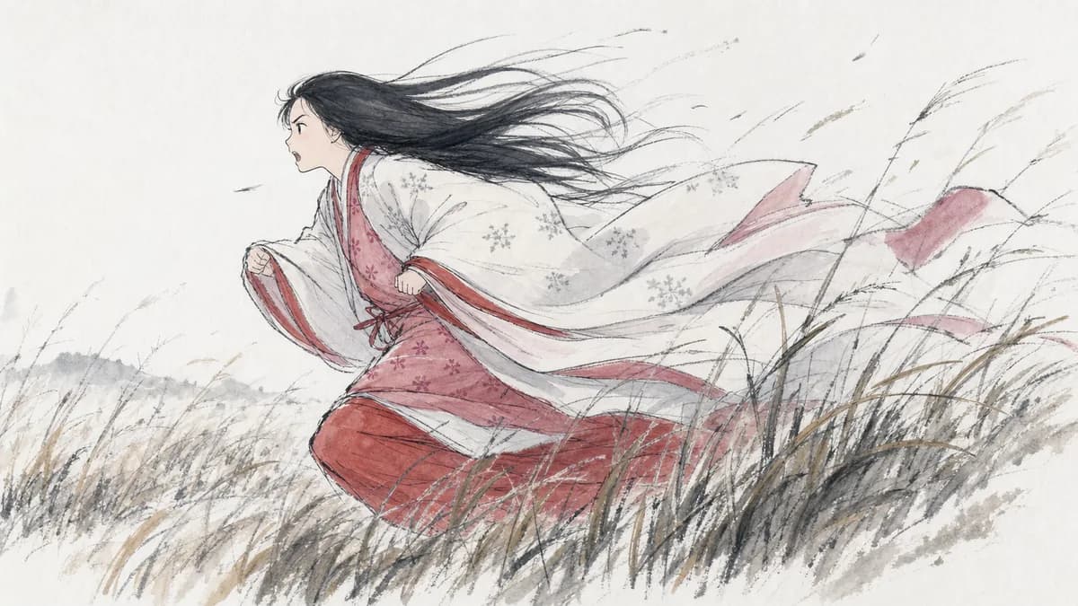 Kaguya running headlong through winter grass, drawn in loose charcoal and watercolour.
