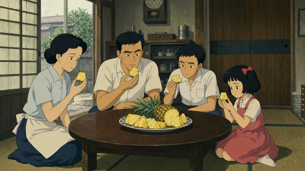 A 1960s Japanese family sitting around a low table sharing a carefully cut pineapple.