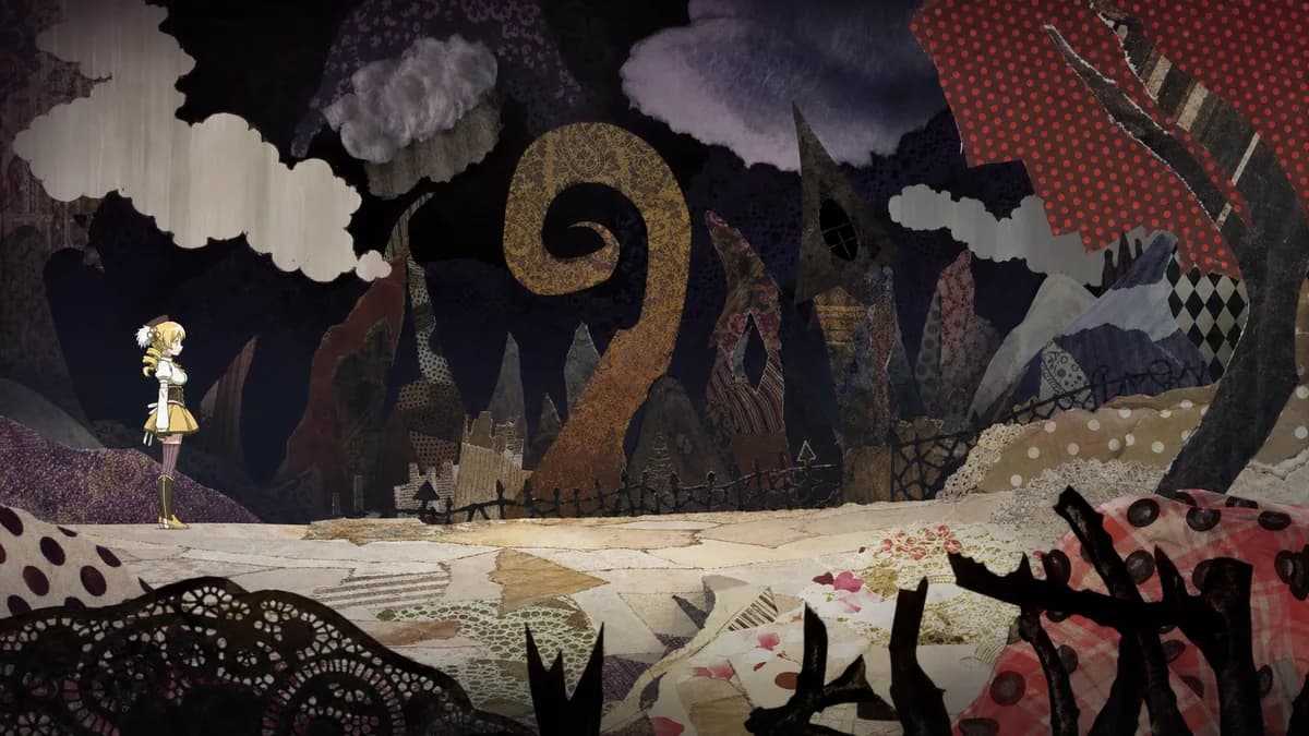 Mami standing in a witch's labyrinth built from cut paper and collaged shapes.