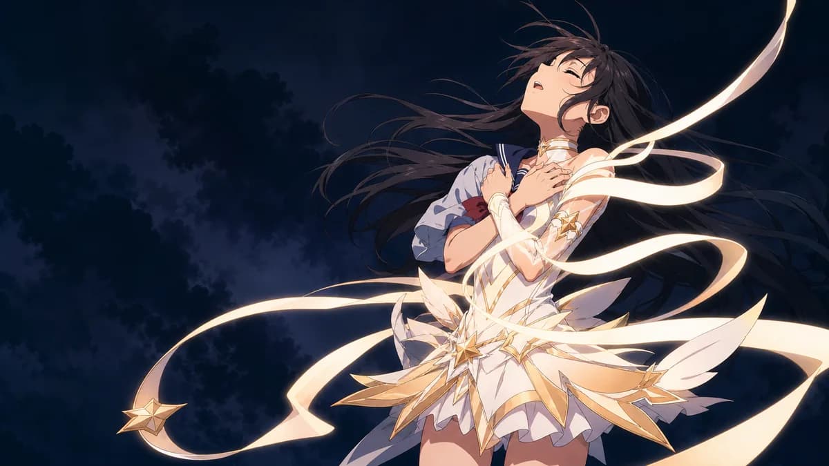 A girl caught mid-transformation, ribbons of light wrapping her into a new silhouette.