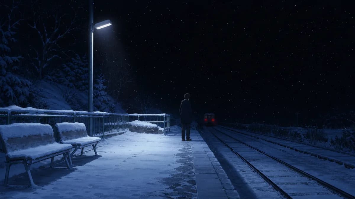 A boy alone on a snowbound station platform watching a train's tail lights recede.