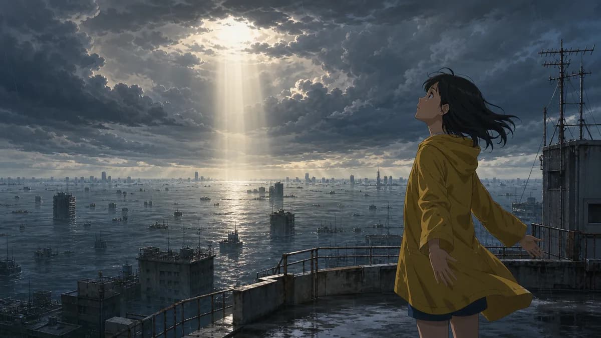 A girl standing above a rain-drowned Tokyo under an enormous broken sky.