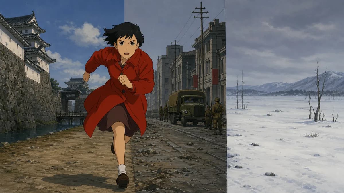A woman running forward while the world around her changes era mid-stride.