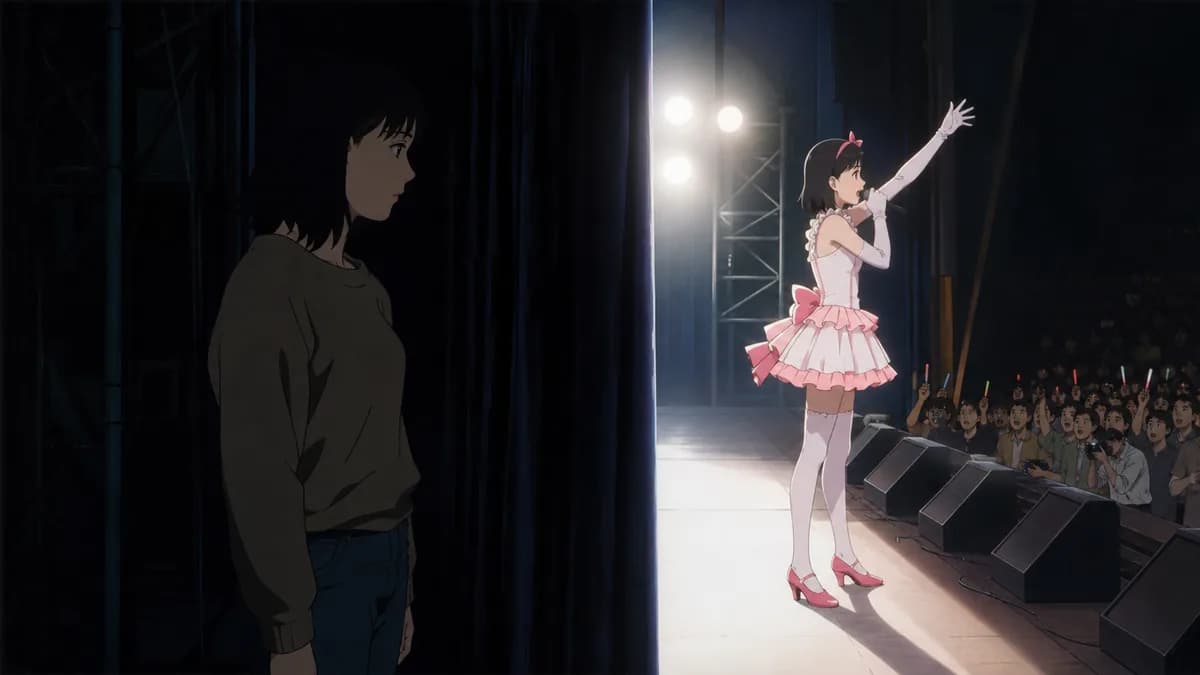 An idol on a bright stage while an identical woman in plain clothes watches from the dark wings.