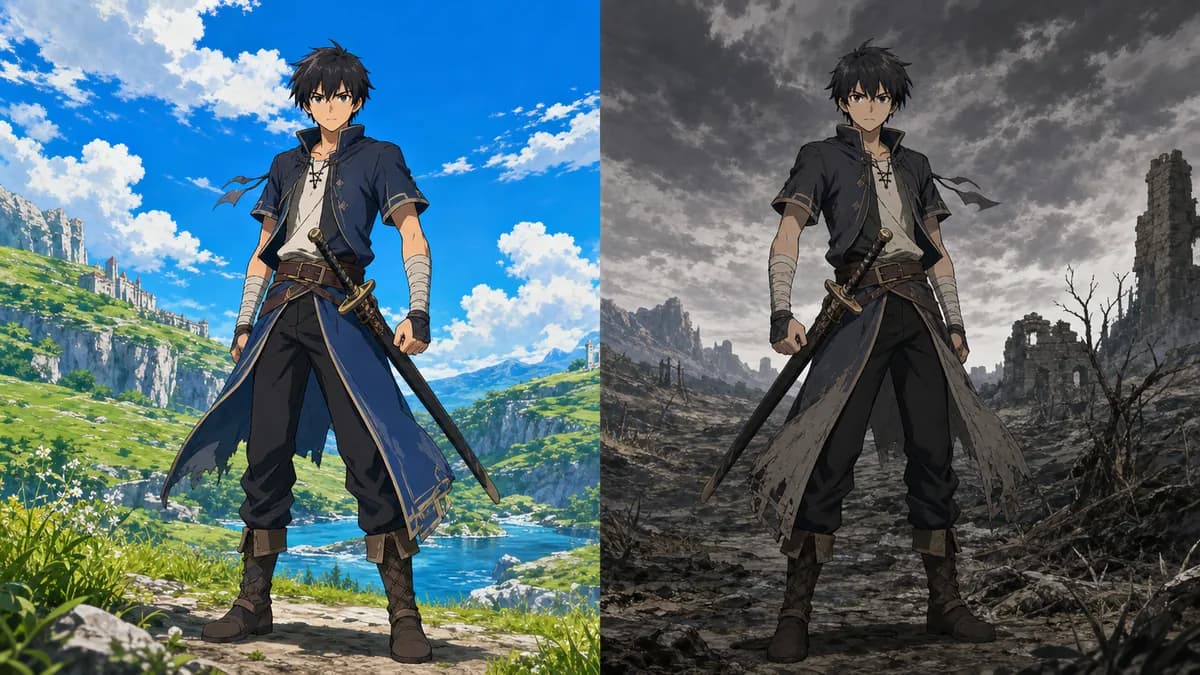 One swordsman drawn twice in a single frame - bright and bold on one side, muted and grim on the other.