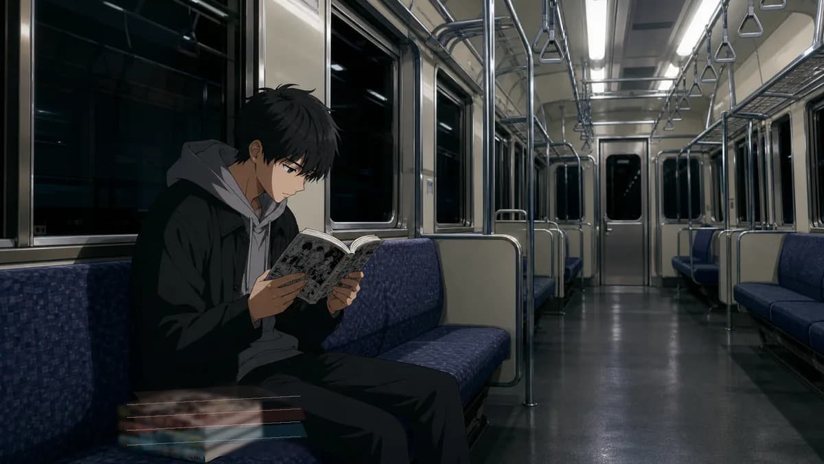A reader on a train at night with a manga volume open, the story running ahead of the show.