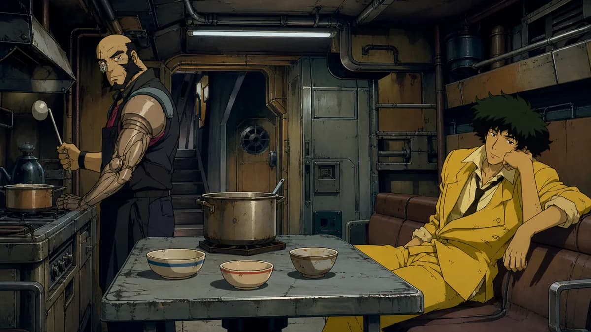 A ship's crew sitting around an almost empty cooking pot in a cramped galley.