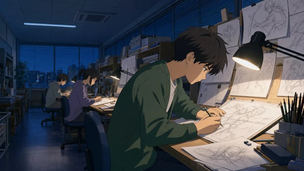 A key animator working a rough action drawing while colleagues work down the same row of desks.