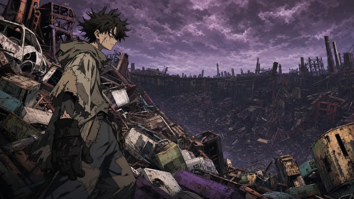 Rudo standing on a slope of broken machinery and refuse under a bruised sky.