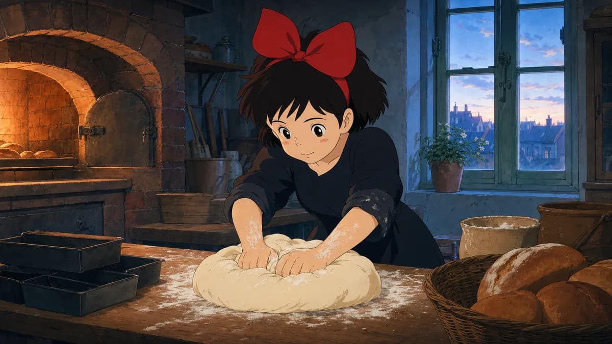 Kiki kneading bread dough alone in a warm bakery kitchen at dawn.