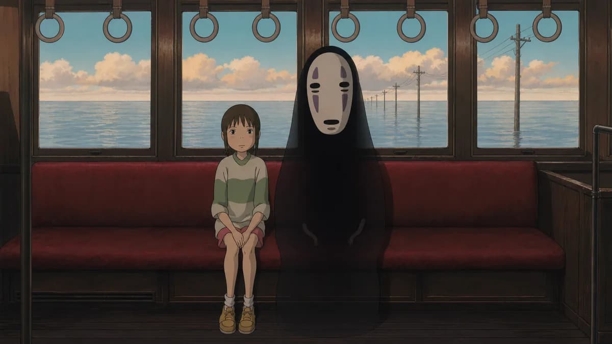 Chihiro and No-Face sitting quietly on a train that runs across shallow water.