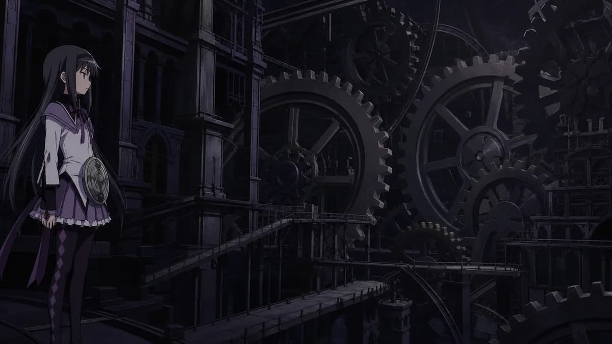 Homura standing motionless in a vast space filled with turning clockwork gears.