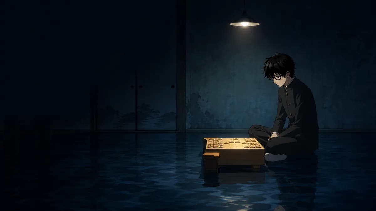 Rei sitting alone at a shogi board while the room around him fills with dark water.