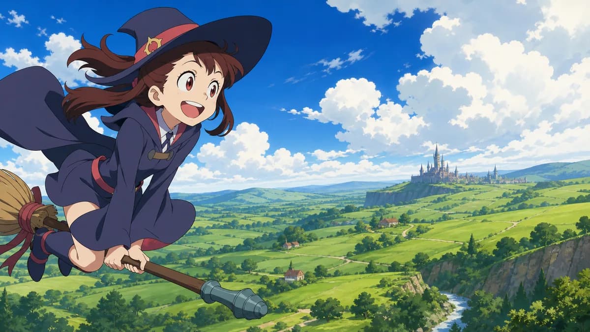 Akko flying a broom over a green countryside in bright daylight.