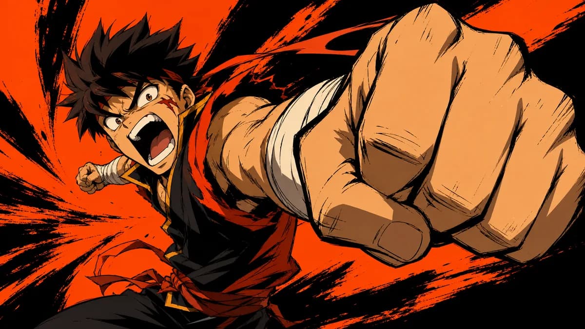 A character mid-shout drawn deliberately off-model, features stretched and perspective exaggerated.