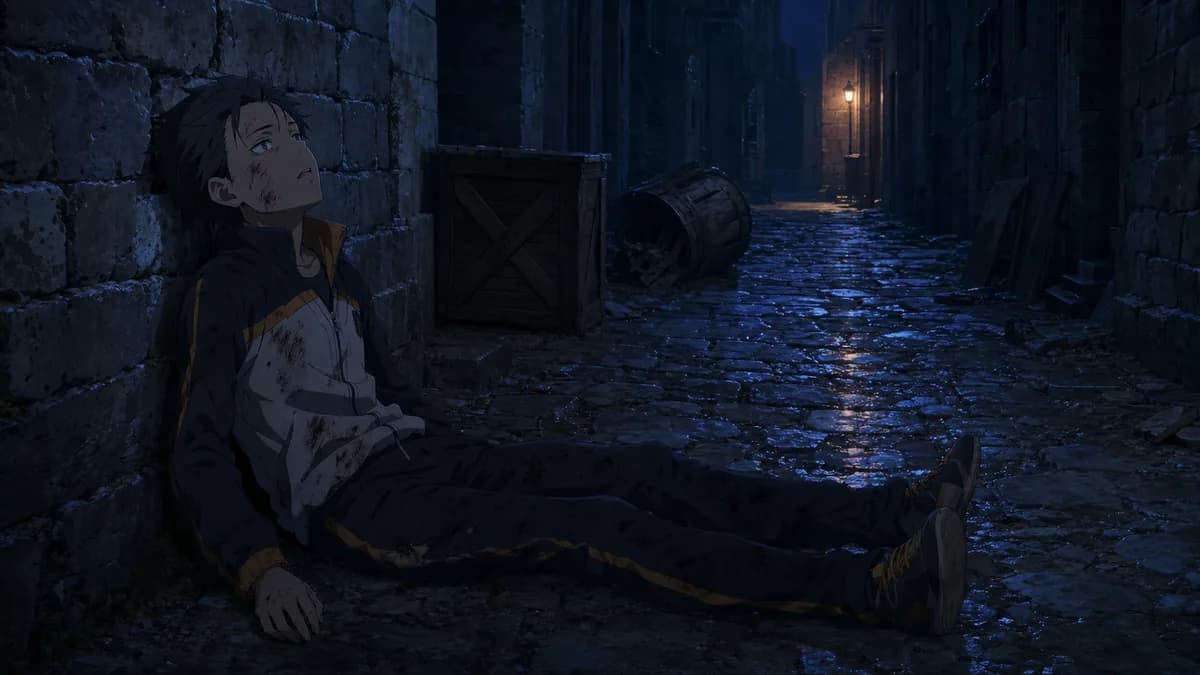 Subaru slumped against a wall in a dark alley, exhausted past the point of drama.
