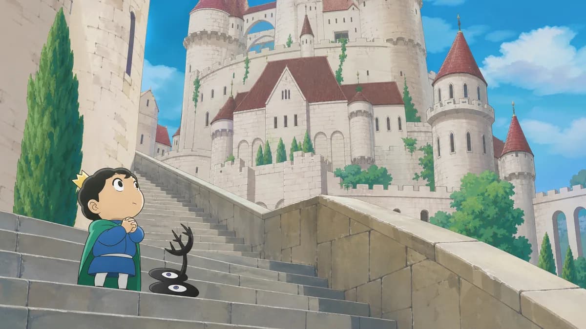 Bojji, tiny and unarmed, standing beside a shadow-shaped friend on a castle staircase.