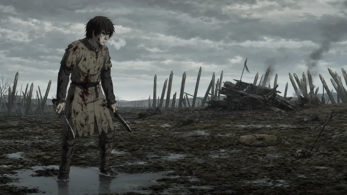 Thorfinn standing in churned mud on a grey battlefield morning, nothing about it heroic.