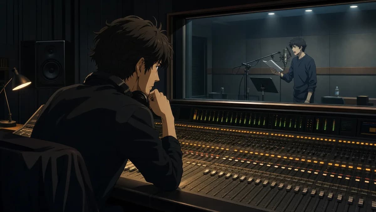 An ADR director at the mixing desk watching the booth through the glass.