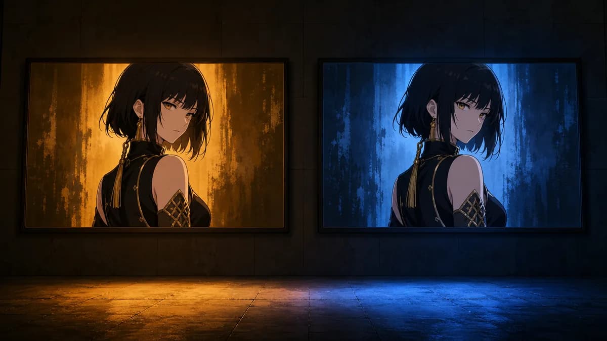 The same anime character shown on two screens side by side, one warm-toned, one cool-toned.