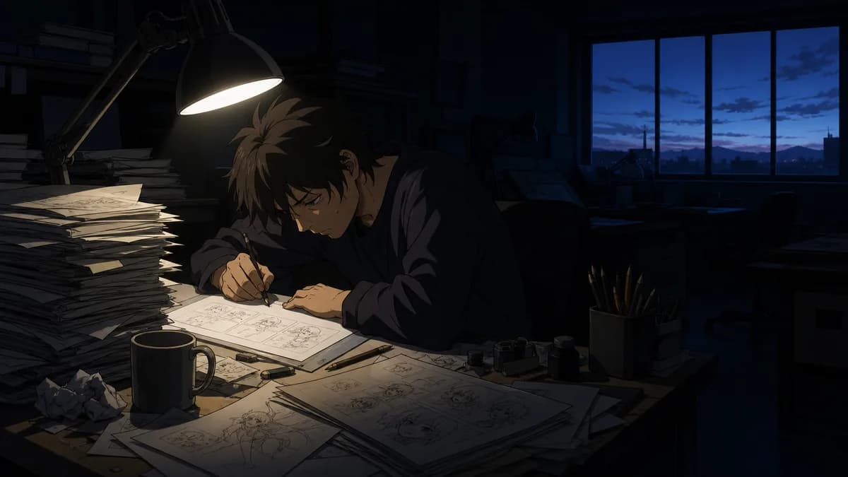 An animator still working under one desk lamp at 4am in an otherwise black studio.