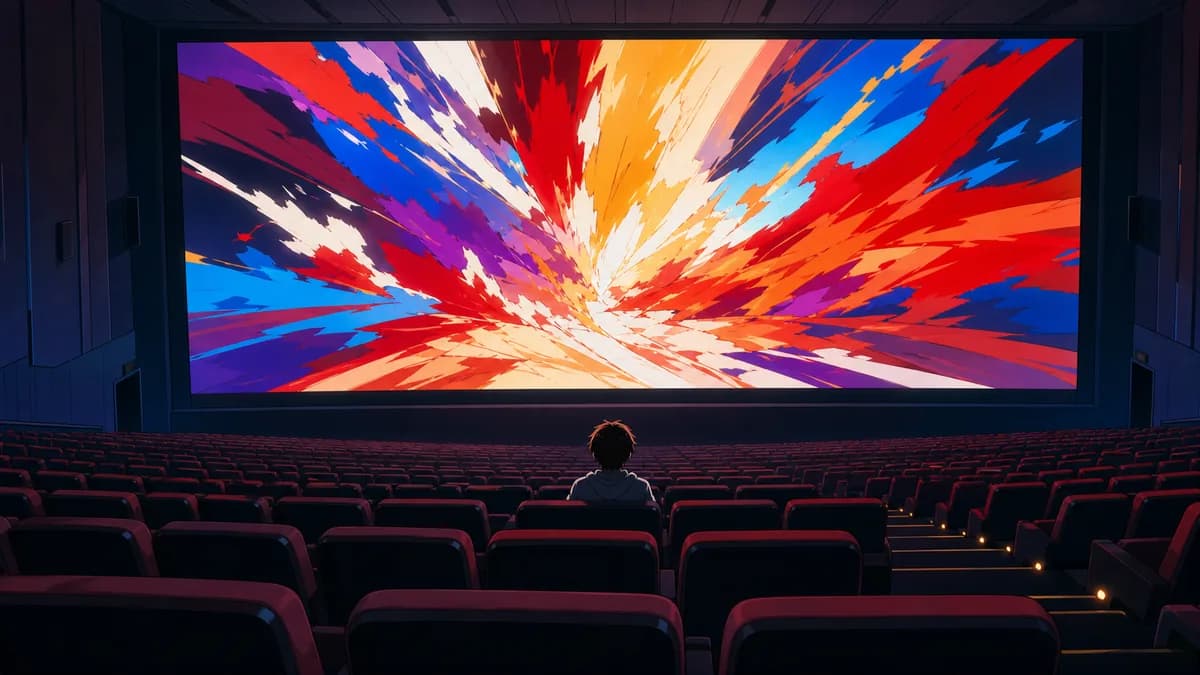 A lone viewer in an empty cinema, an action still blazing on the screen in front of them.