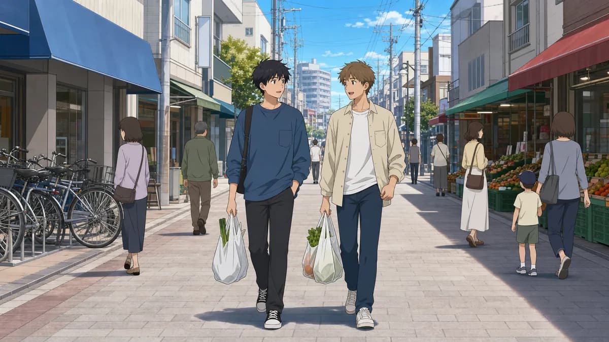Two men walking an ordinary shopping street in daylight, nobody paying them any attention.