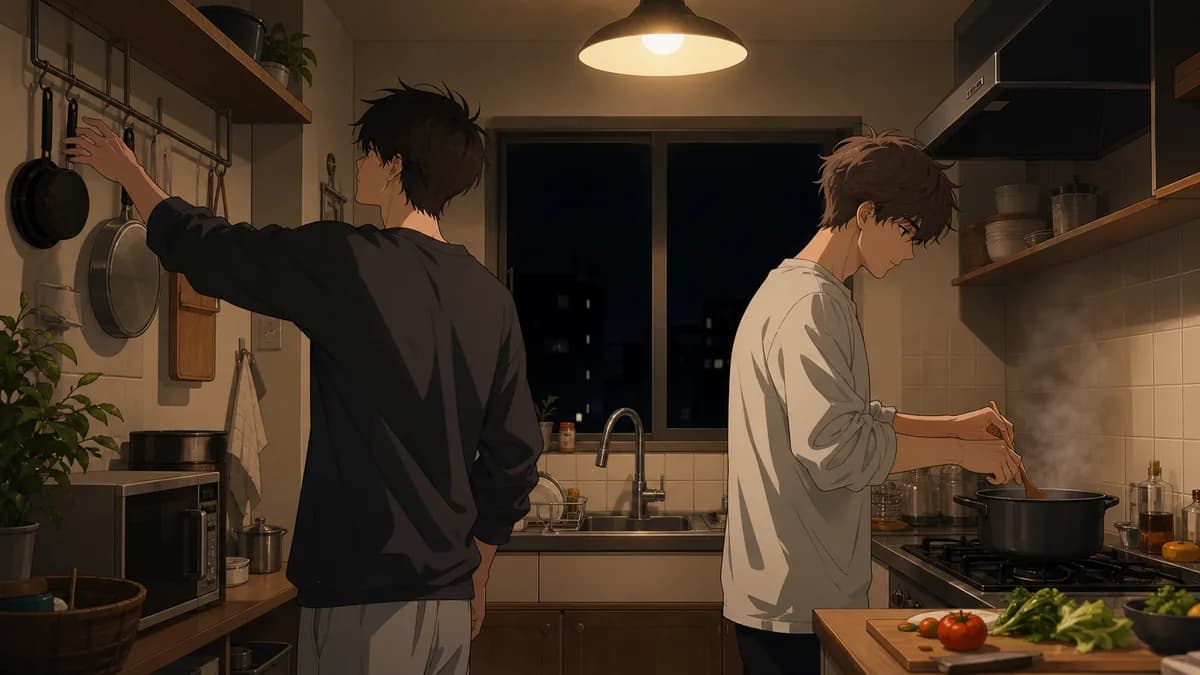 Two men cooking together in a small kitchen at night, one reaching past the other for a pan.