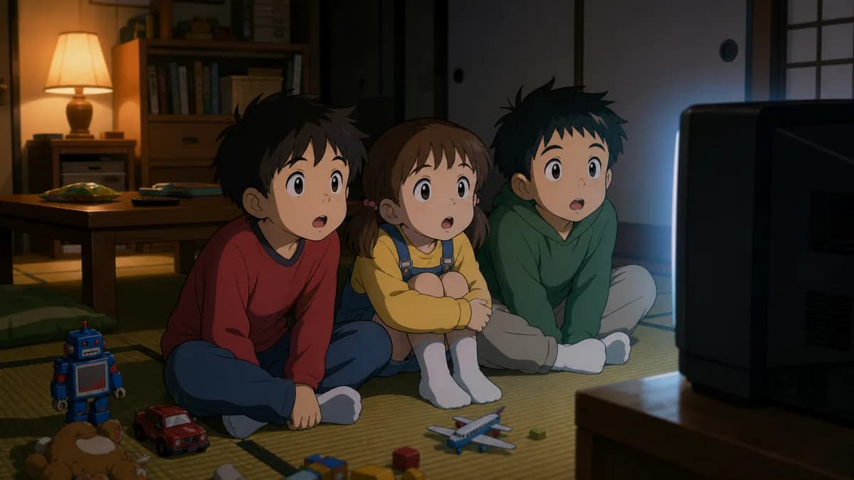 Three children sitting shoulder to shoulder on the floor in front of a television, transfixed.