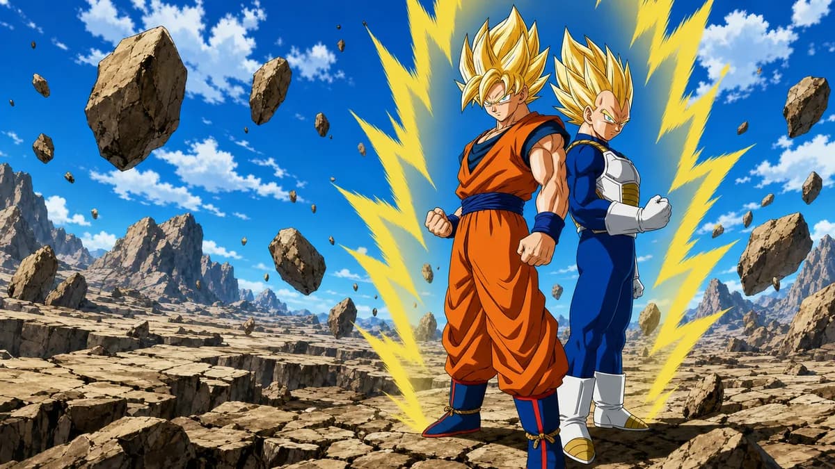Goku and Vegeta standing back to back on a broken rock plain, both mid-power-up.