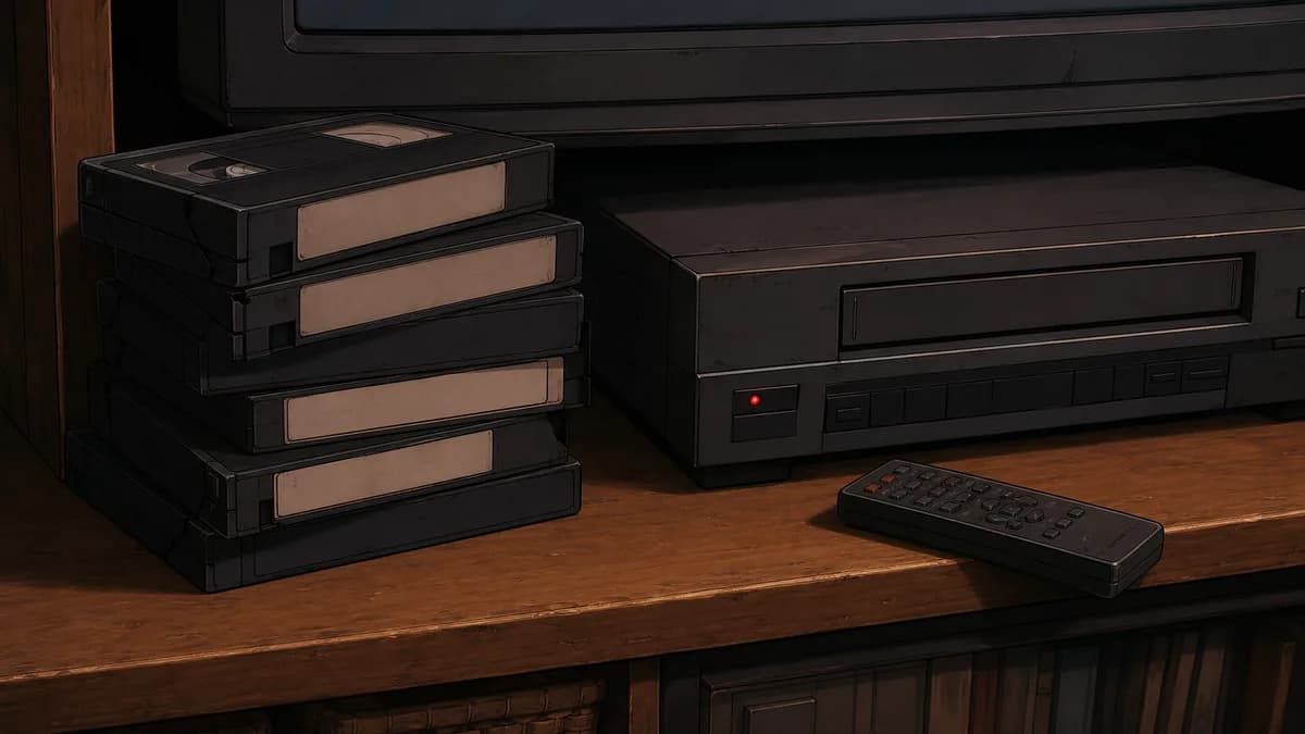 A stack of unmarked video tapes beside a VCR with the record light on.
