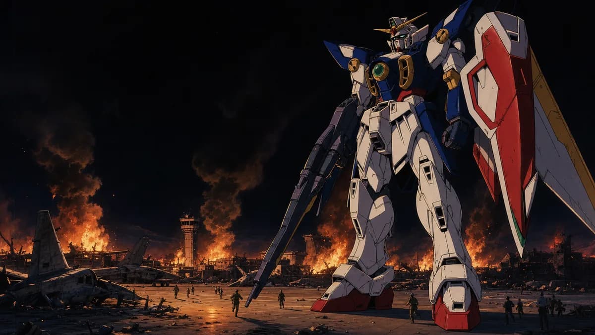 The Wing Gundam standing over a burning airfield while its pilot looks down from the cockpit.