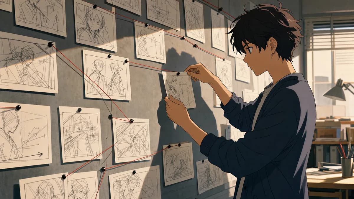 An animator pinning storyboard cards in a row, each carrying a rough character sketch.