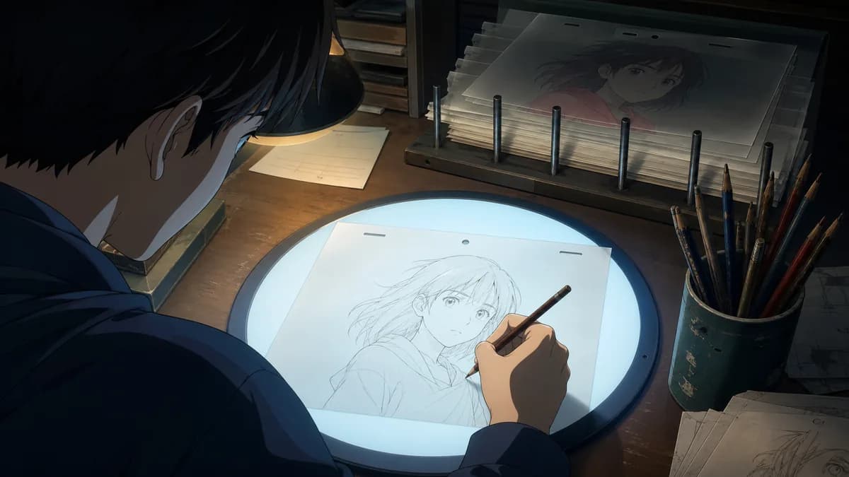 An animator at a lit drawing disc, a character drawing taking shape under their pencil.