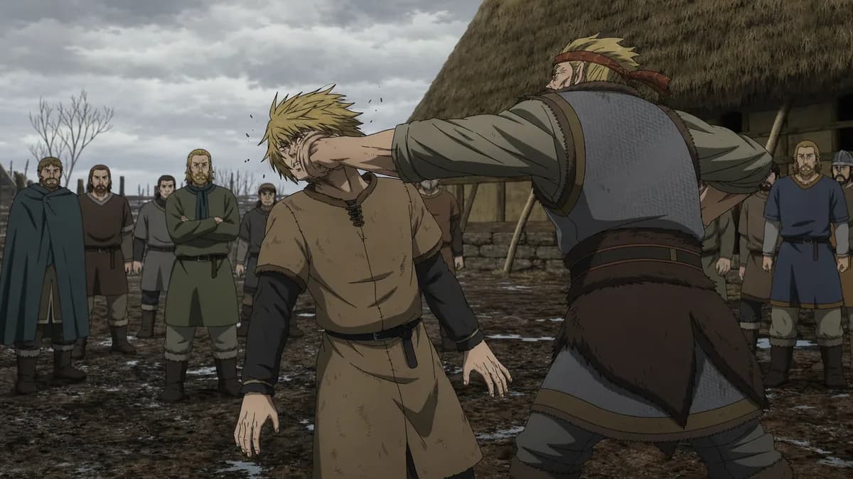 Thorfinn taking a punch without raising his hands, feet planted.