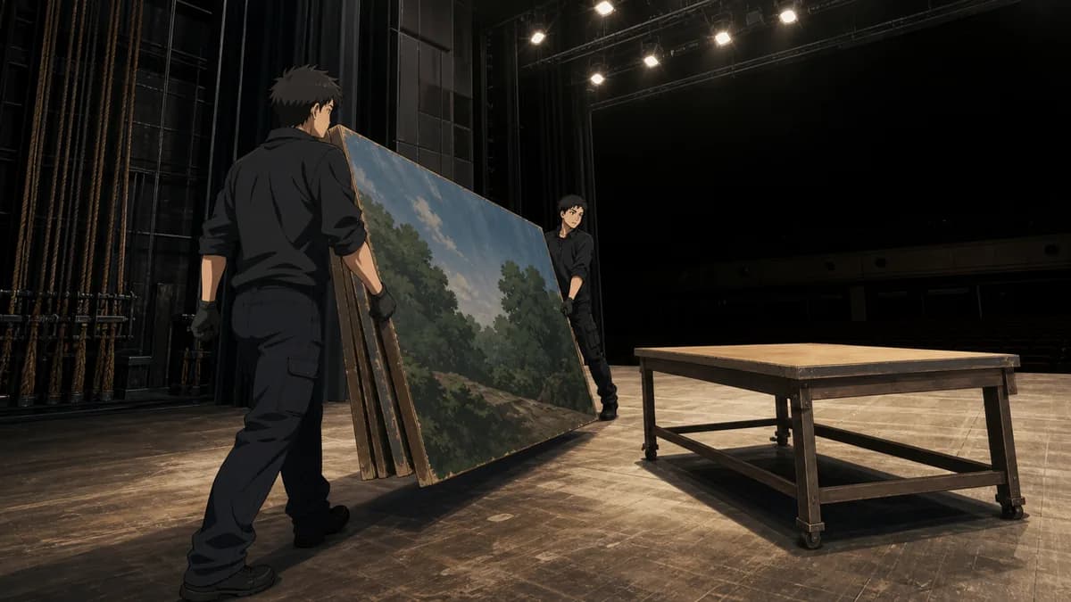 Stagehands carrying set pieces onto a bare stage before anyone has performed anything.