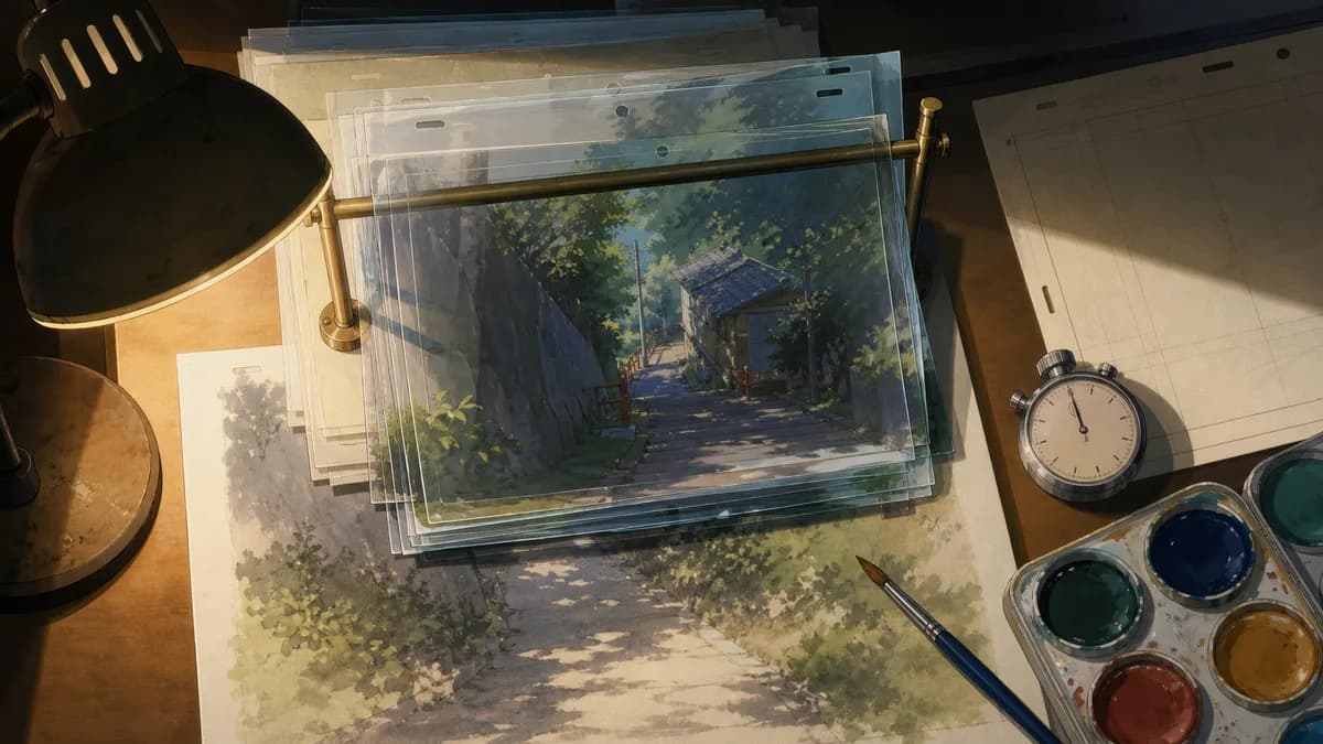 An animator's desk stacked with hand-painted cels under a bright lamp.