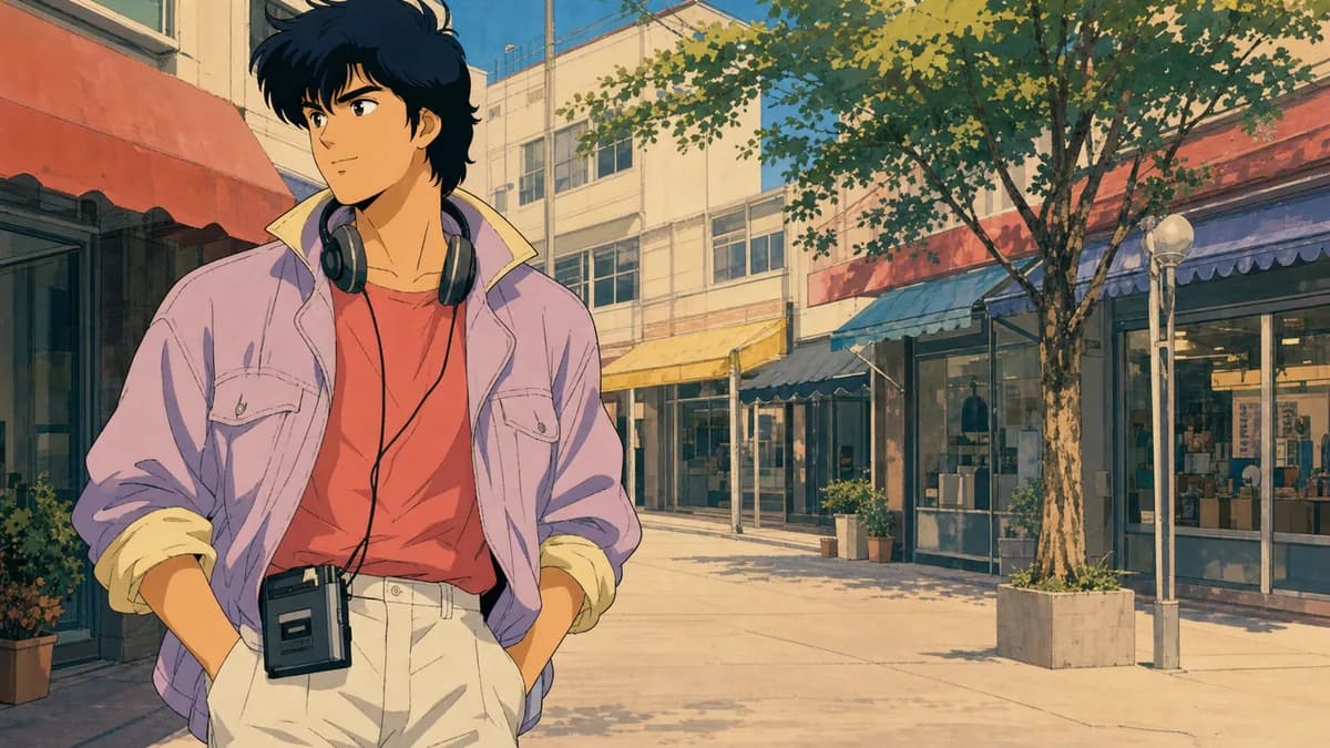 A character in unmistakable 1980s clothing on a sunlit city street.
