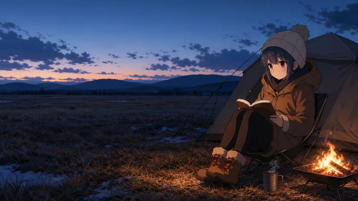 A girl alone at a small campfire in the evening, reading, entirely content.