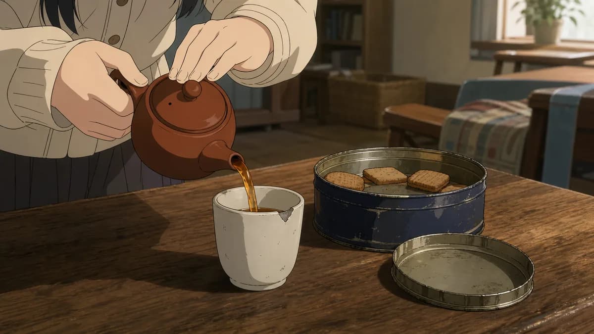 A close view of hands pouring tea into a chipped cup beside a particular dented biscuit tin.
