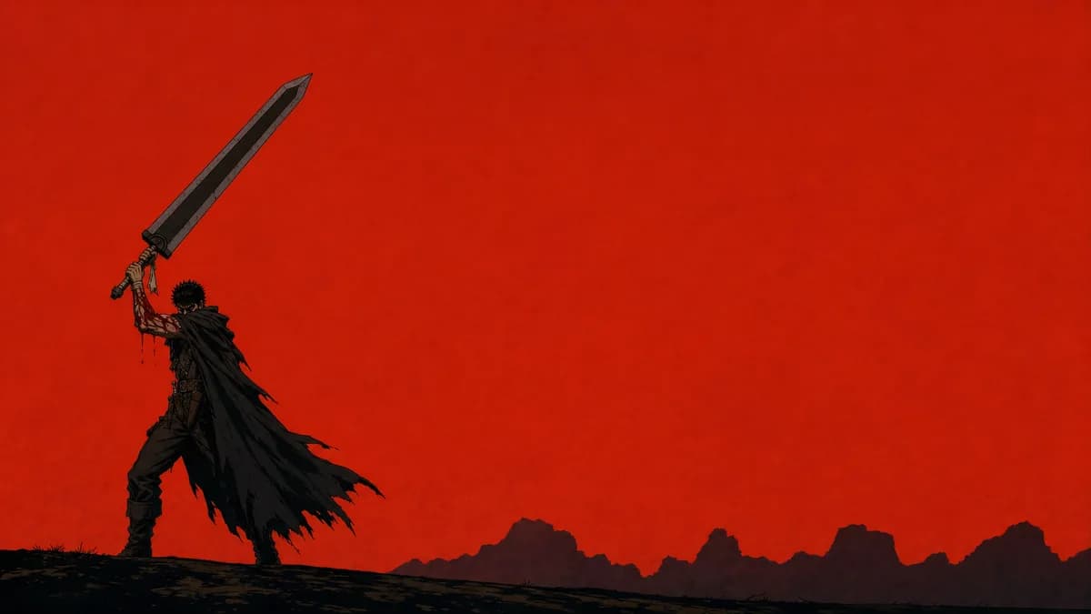 Guts silhouetted against a vast red sky, sword raised, the world gone wrong behind him.