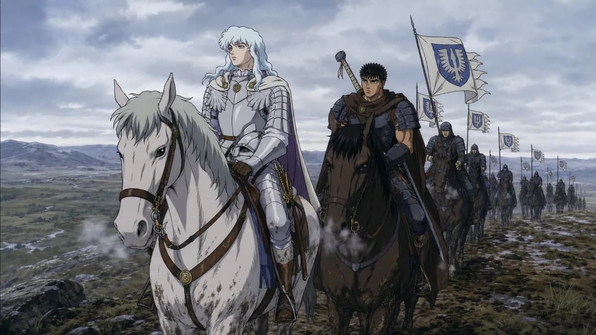 Griffith in white armour on horseback leading the Band of the Hawk along a ridge.